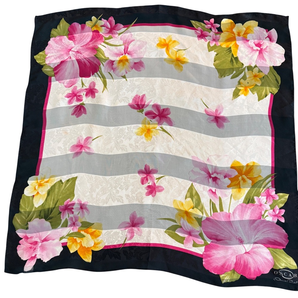 Oscar by‎ Oscar de la Renta Scarf Black Floral Print Silk Blend Square Women